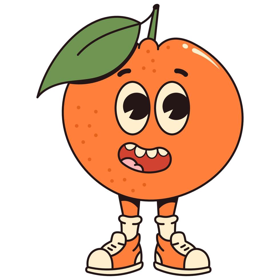 Retro cartoon fruit orange character. Modern illustration with cute comics characters. Hand drawn doodles of comic character. Trendy cartoon style. 70s-80s retro vibes vector