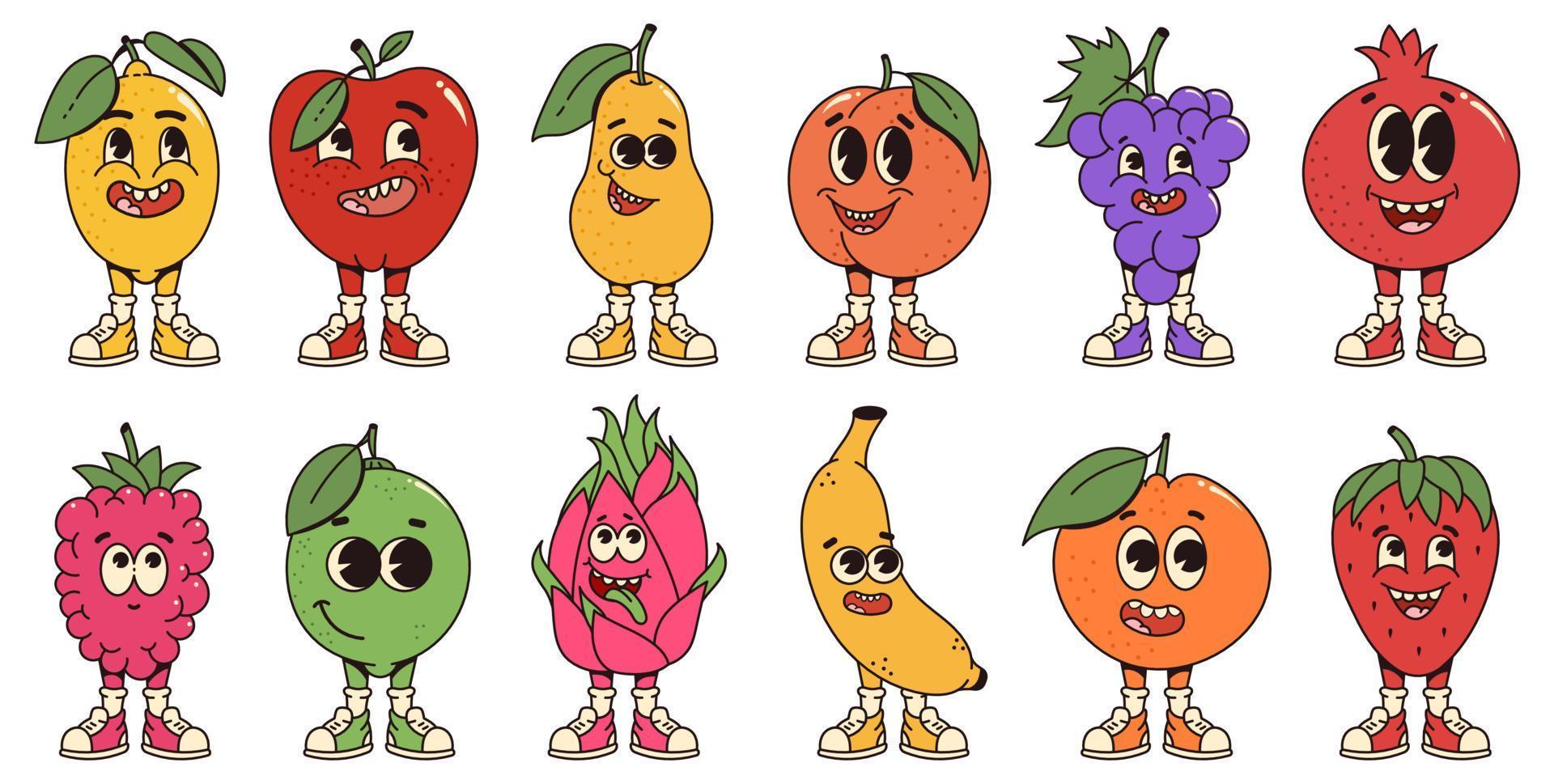 Set retro cartoon fruit characters. Modern illustration with cute comics characters. Hand drawn doodles of comic characters. Set in modern cartoon style. 70s retro vibes. vector