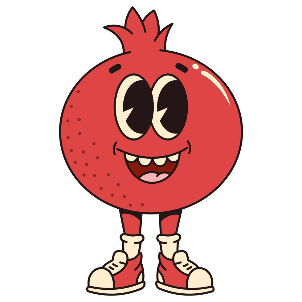 Retro cartoon fruit pomegranate character. Modern illustration with cute comics characters. Hand drawn doodles of comic character. Trendy cartoon style. 70s-80s retro vibes vector