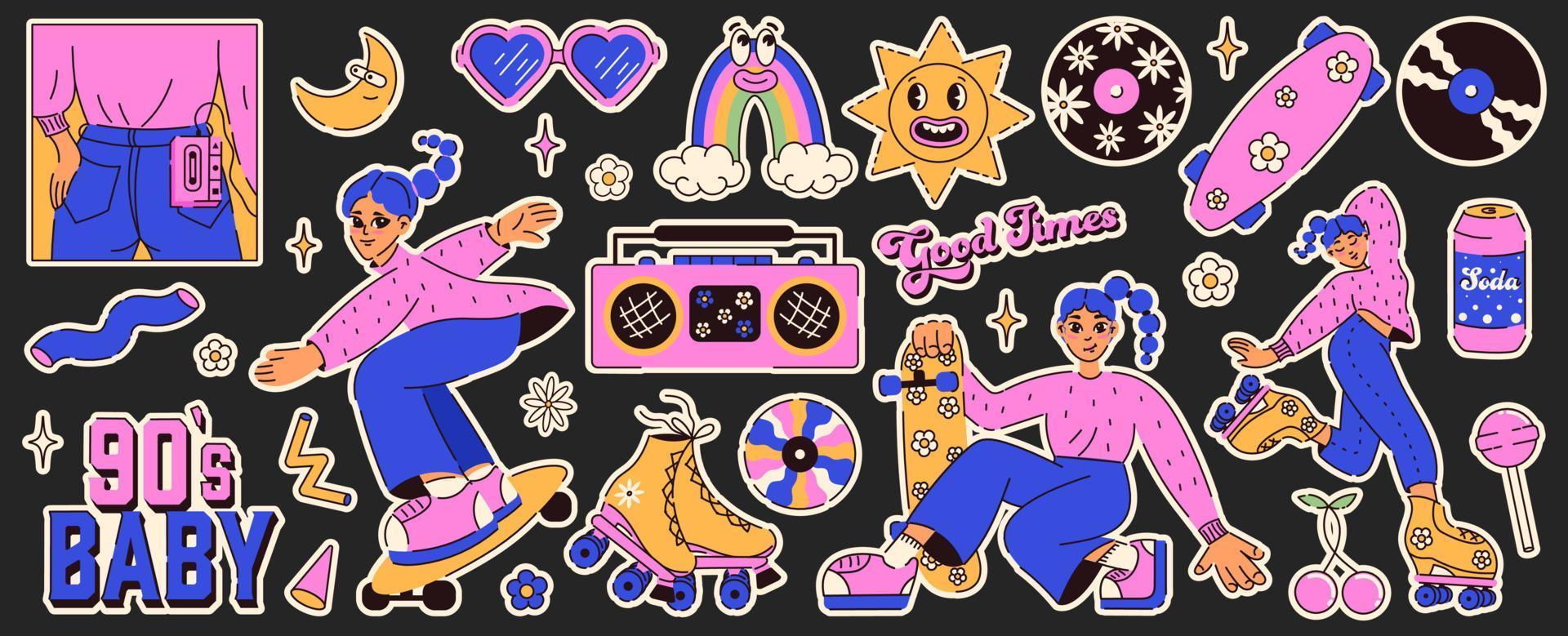 Retro trendy stickers set in 90s style. Cool girl characters on skate and roller. 90s baby. Nostalgia for old aesthetic 90s -2000s. Y2K. Vector illustration