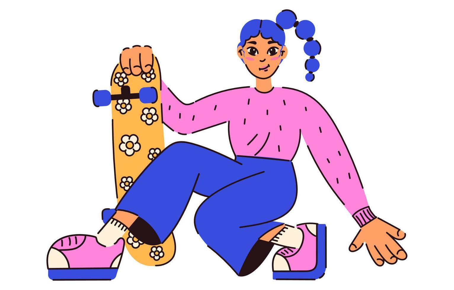 Skateboard girl character. Retro girl with blue hair on skateboard for your design. Trendy 90s style. Nostalgia for 90s - 2000s. Vector isolated. Flat style.