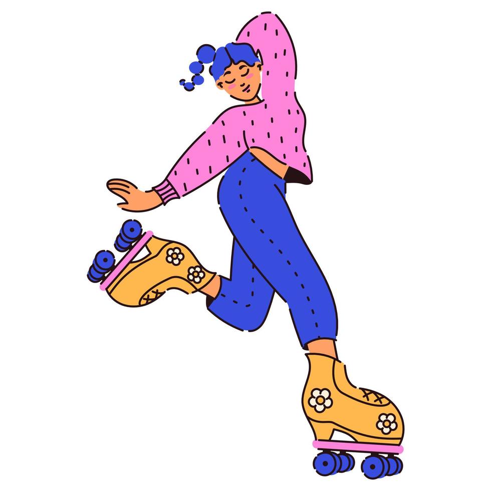 Rollerblading girl character. Roller Skates. Retro girl with blue hair on a skateboard for your design. Fashionable style of the 90s. Nostalgia for the 90s - 2000s. Vector isolated. Flat style
