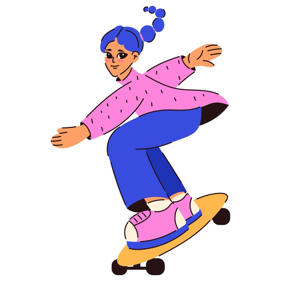 Skateboard girl character. Retro girl with blue hair on skateboard for your design. Trendy 90s style. Nostalgia for 90s - 2000s. Vector isolated. Flat style.