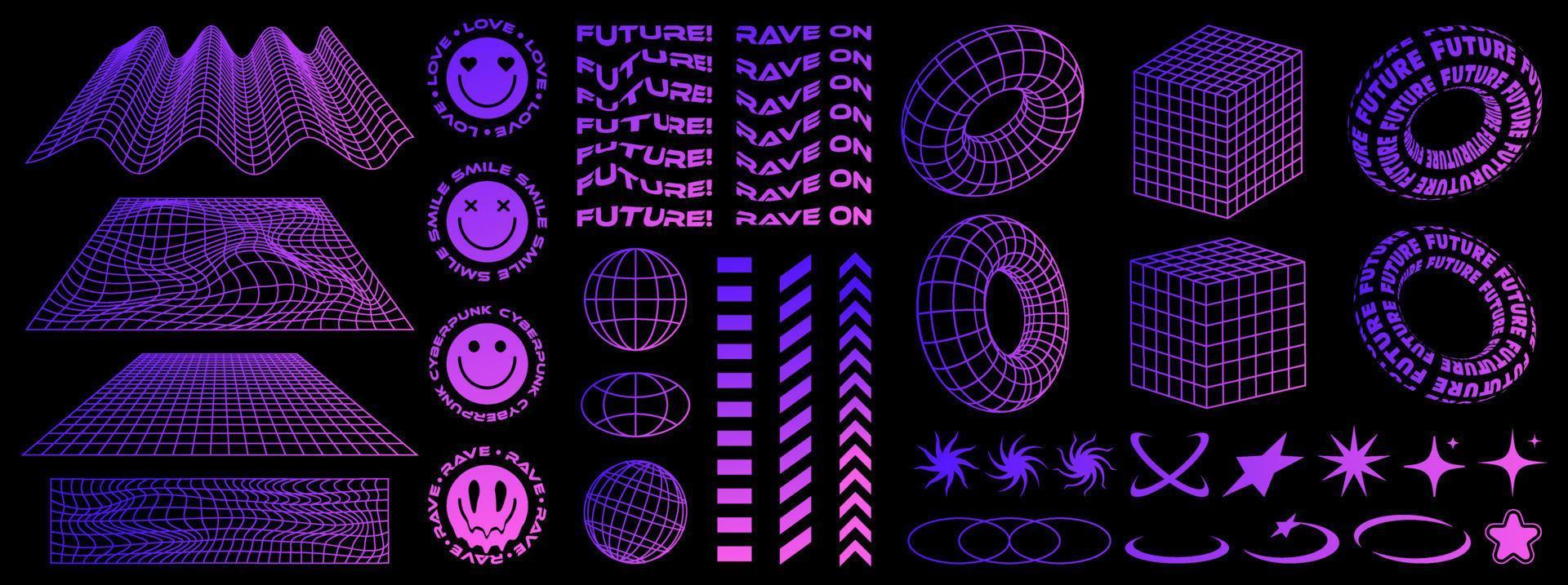 Rave psychedelic retro futuristic set in Y2K-2000s style. Surreal geometric shapes, abstract backgrounds and patterns, wireframe, elements and perspective grids. Vector elements and sticker.