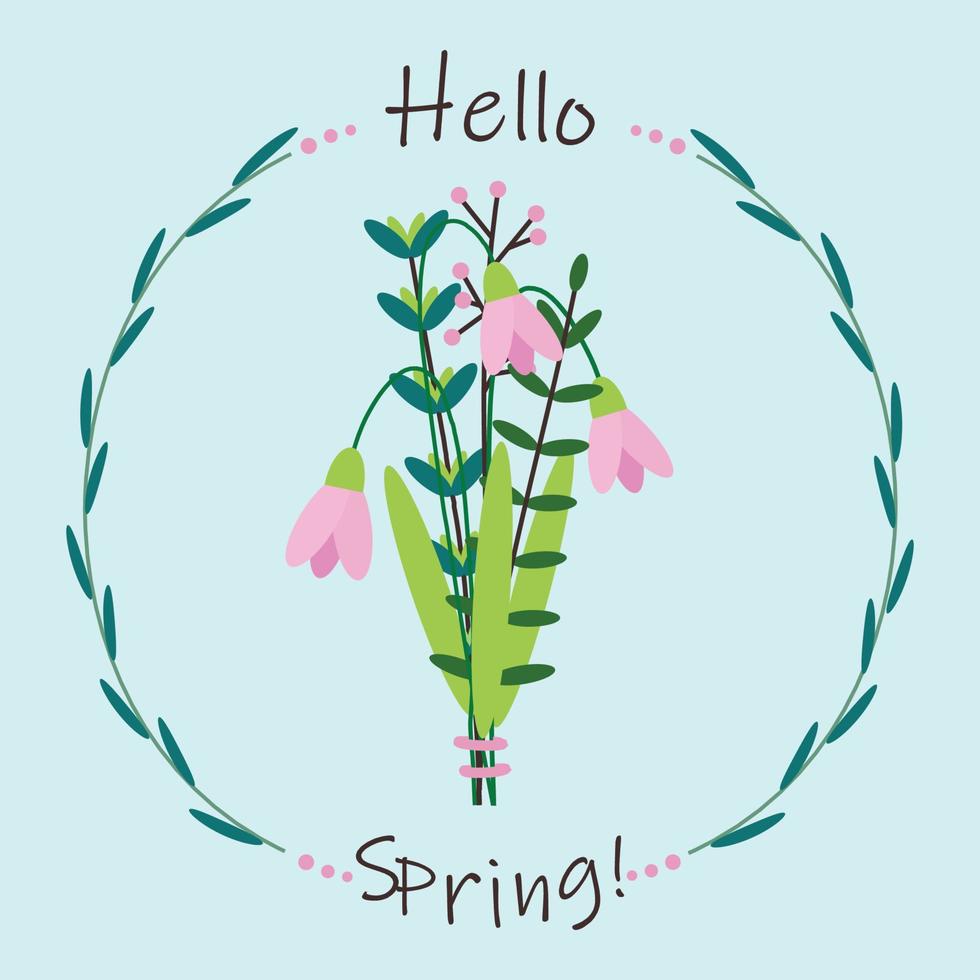 Bouquet with snowdrops and text hello spring. Square template with flowers, leaves. vector