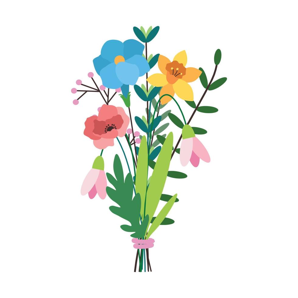 Bouquet with snowdrops, daffodils, poppies. Square template with flowers, leaves, branches vector