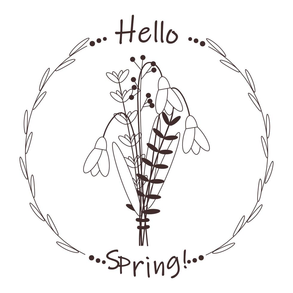 Line bouquet with snowdrops and text hello spring. Square template, doodle, logo, icon with flowers, leaves. vector