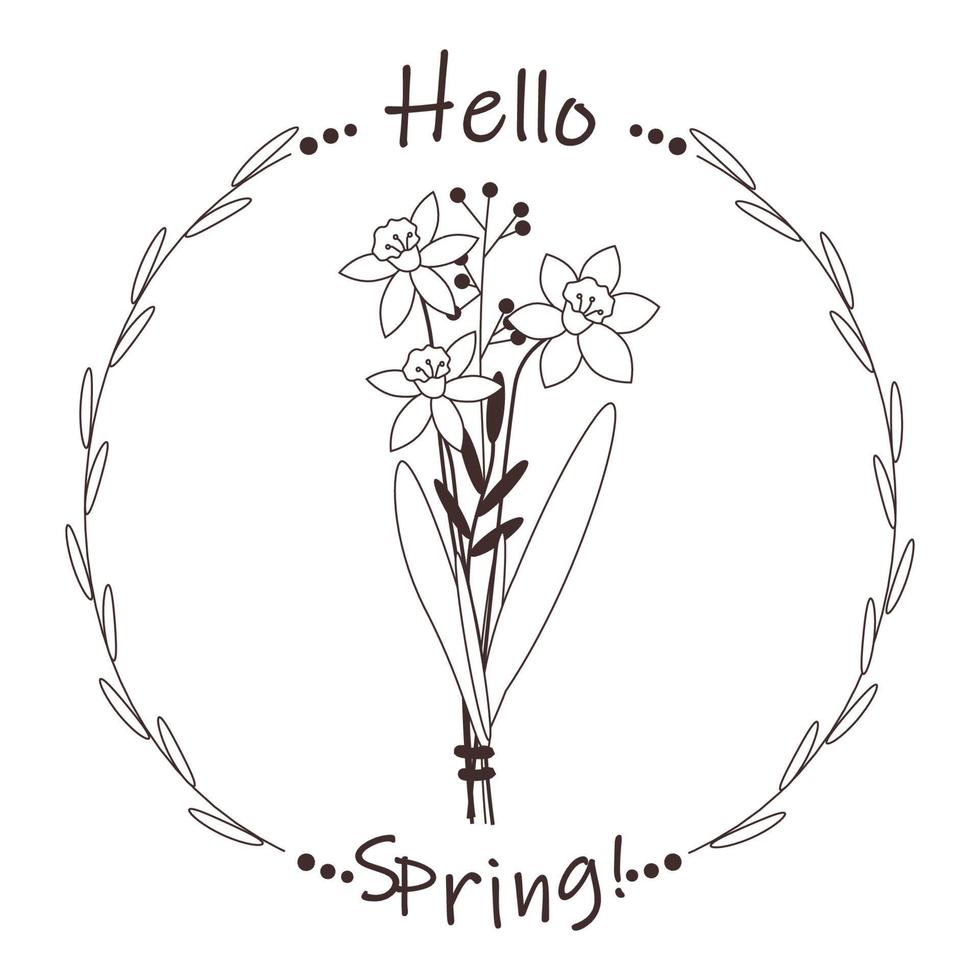 Line bouquet with daffodils, branches and text hello spring. Square template, doodle, logo, icon with flowers, leaves. vector