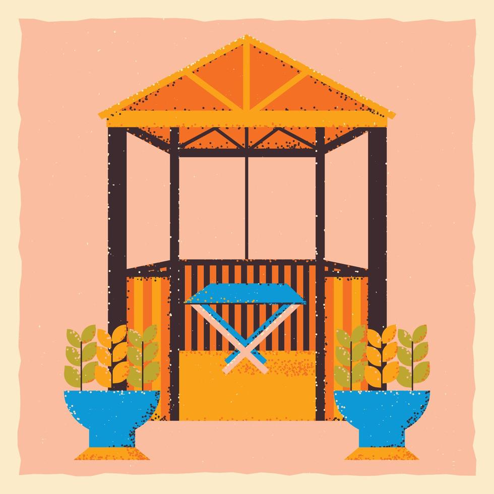Wooden gazebo with a table and flowerpots, flower beds. Square template in grunge style. vector