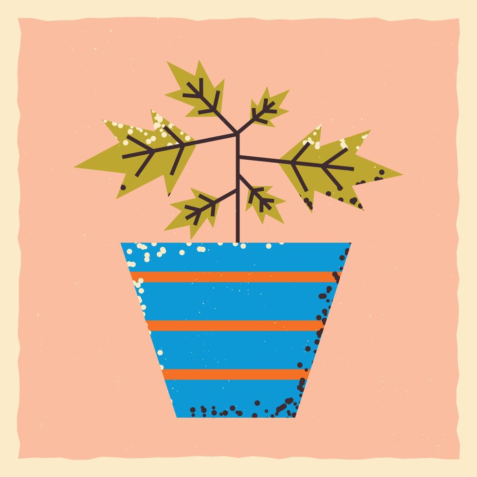 Blue flowerpot with a plant, with textures, leaves. Square template in grunge style. Vector illustration.