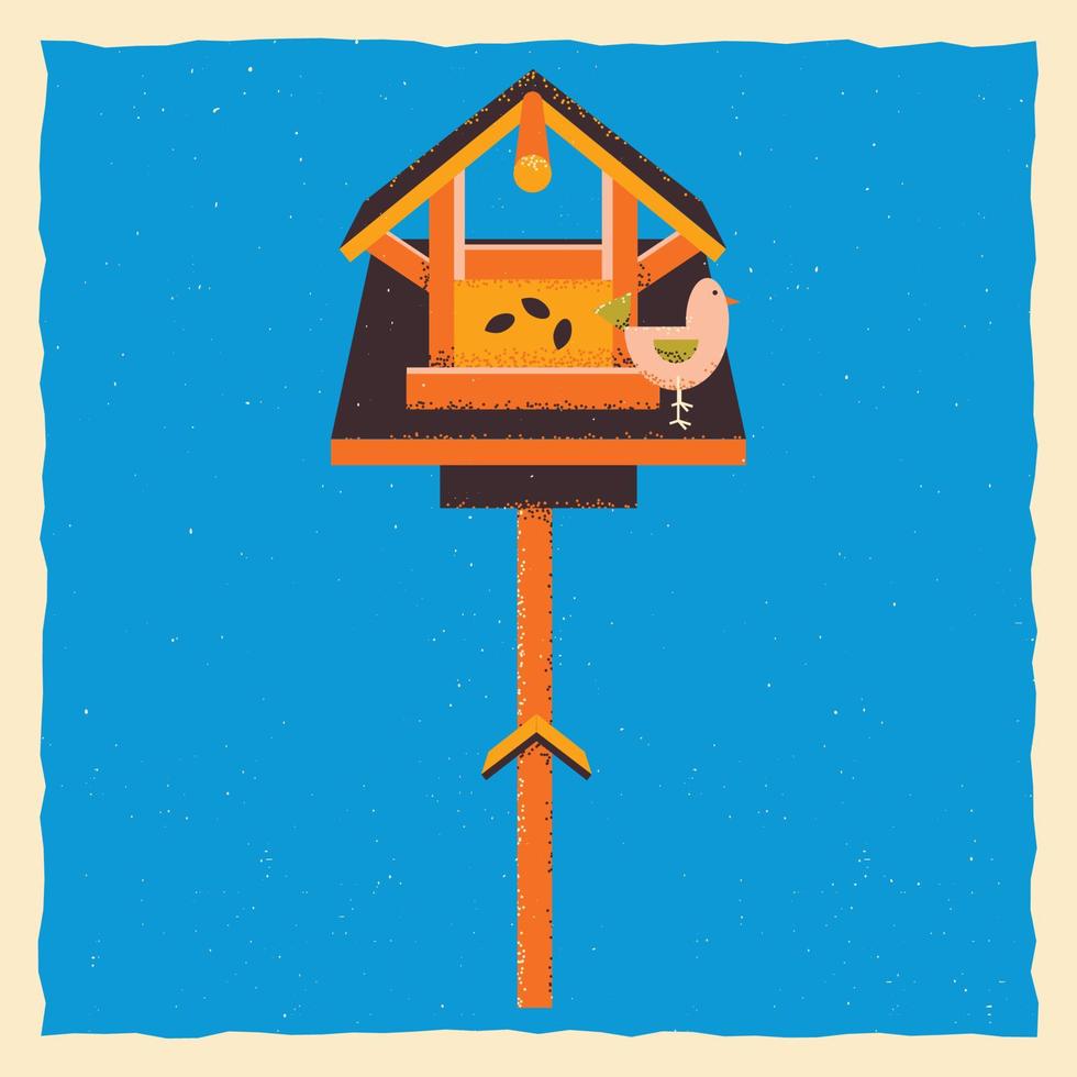 Bird feeders. Square template with feeder and bird, in grunge style . vector