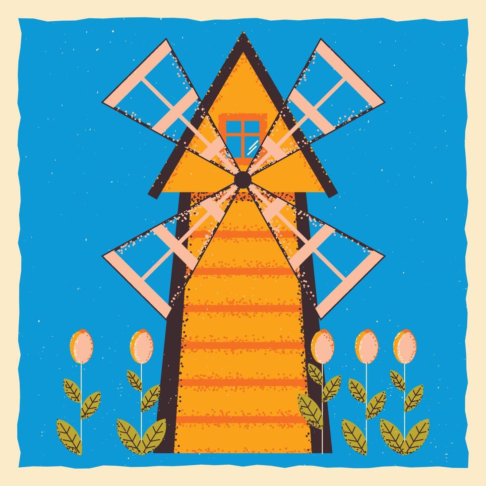 Windmill, with tulips, flowers. Square template in grunge style. Vector illustration.