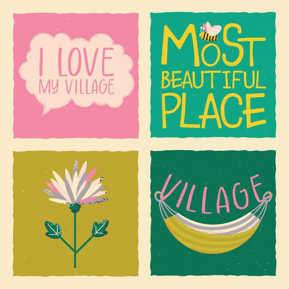 letras, el aldea, el más hermosa lugar. cuadrado modelo con texto, hamaca, flor, abeja. vector