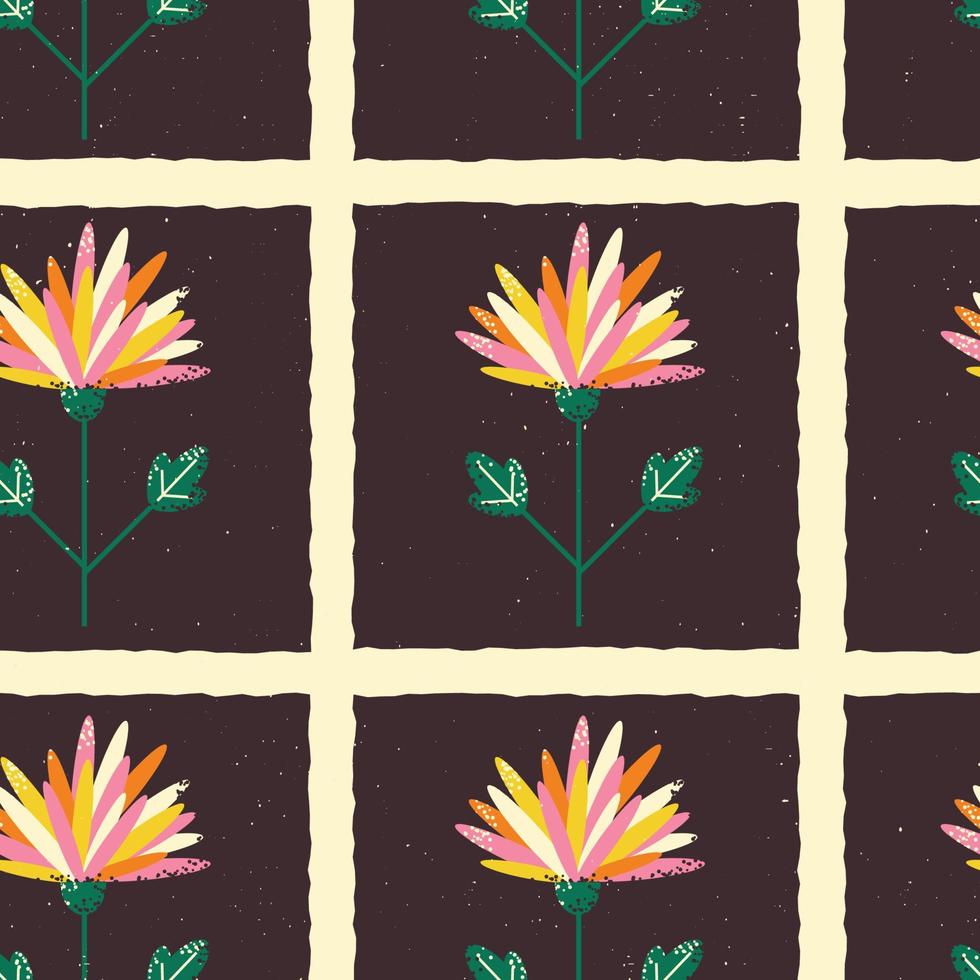 Pattern on the theme of plants. Square pattern with flowers on a dark background. Vector illustration.