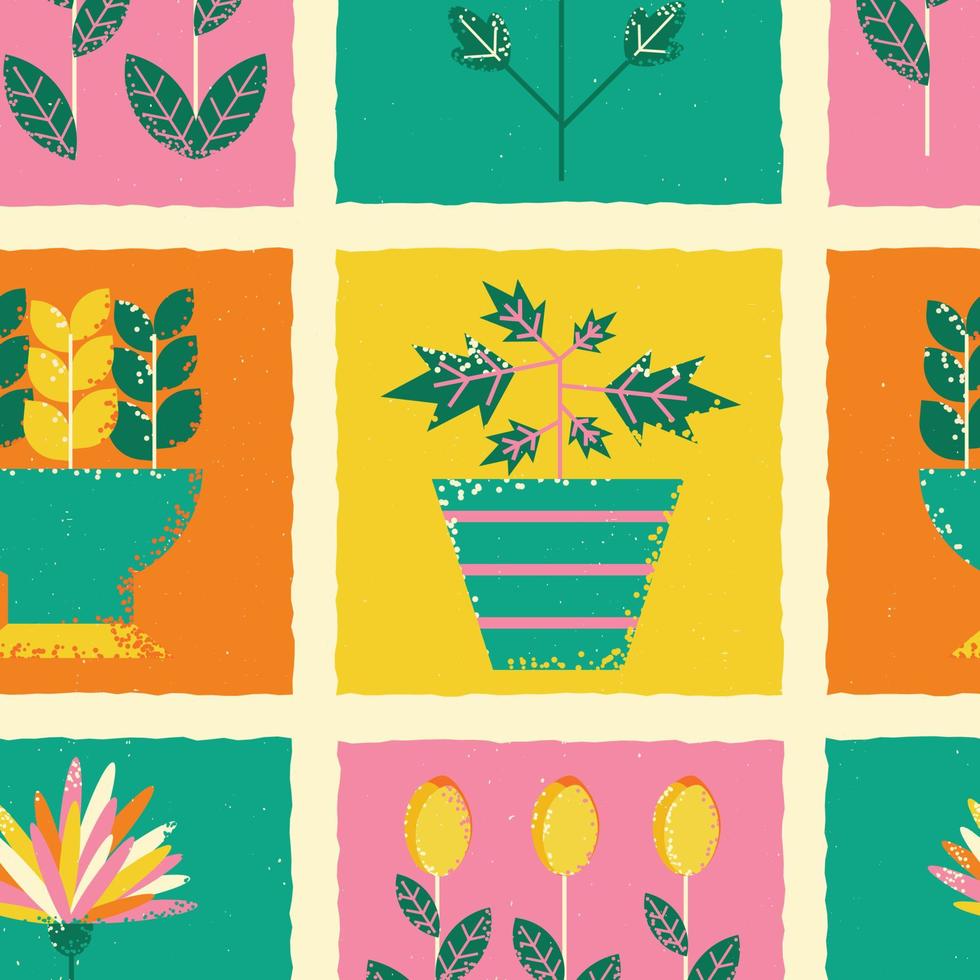 modelo en el tema de plantas. cuadrado modelo con tulipán flores, macetas, flor camas con plantas. vector