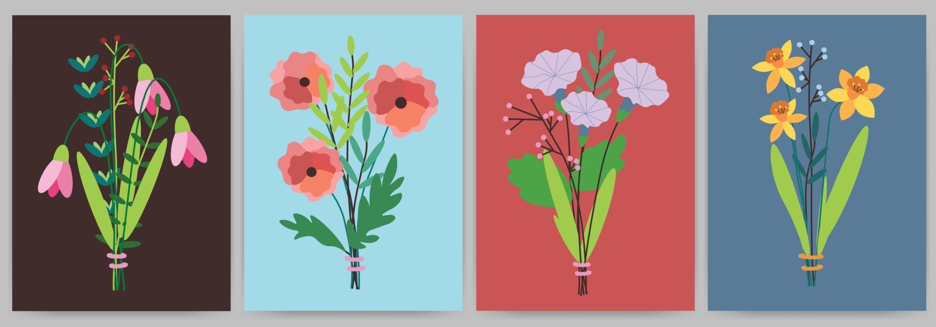 A set of bouquets with snowdrops, daffodils, roses. Rectangular templates with flowers, leaves, branches. vector