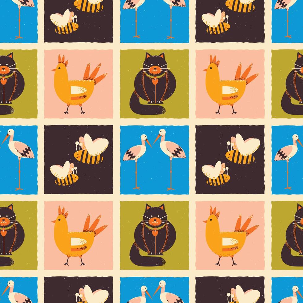 Pattern on the theme of animals. Square pattern with a cat, bird chicken, bees, stork. vector