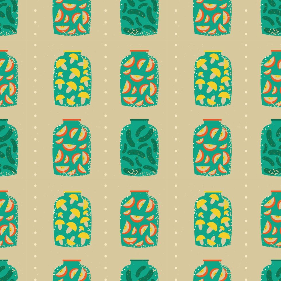 Pattern on the theme of conservation. Square template with cucumbers, mushrooms, apples closed in jars. vector