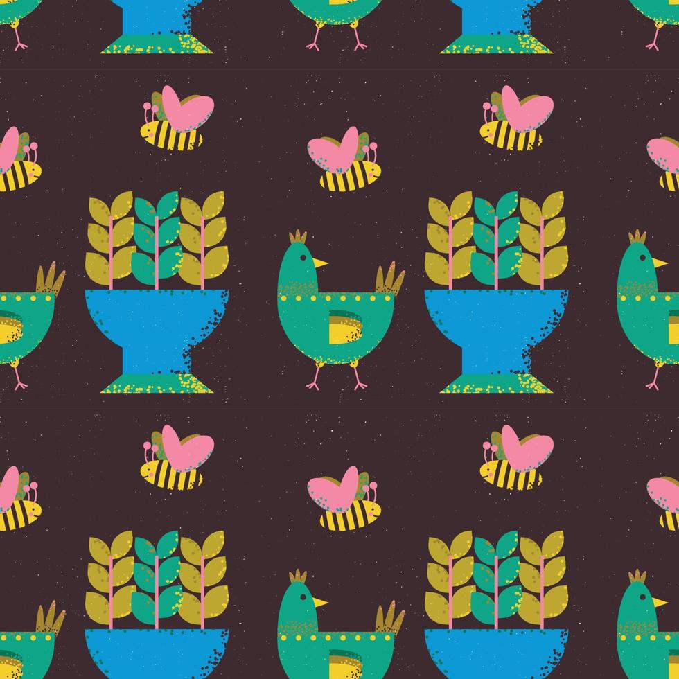 Pattern on the theme of plants and animals. Square template with potted plants, flower beds, bees and chicken. vector
