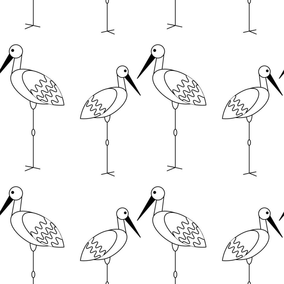 Pattern on the theme of birds. Square pattern with storks. Vector linear illustration.