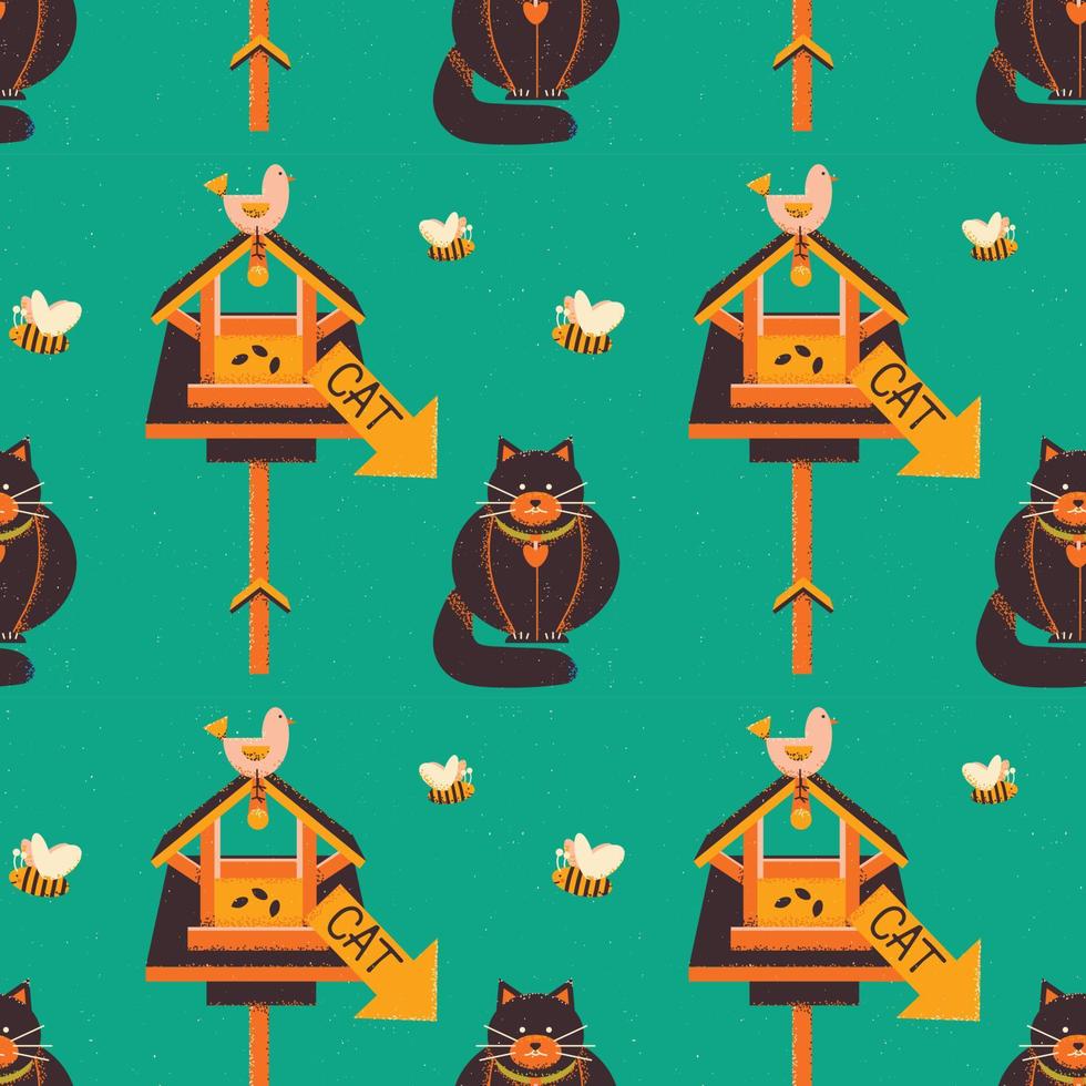 Pattern on the theme of animals. Square pattern with a bird feeder and a cat. Vector illustration in grunge style .