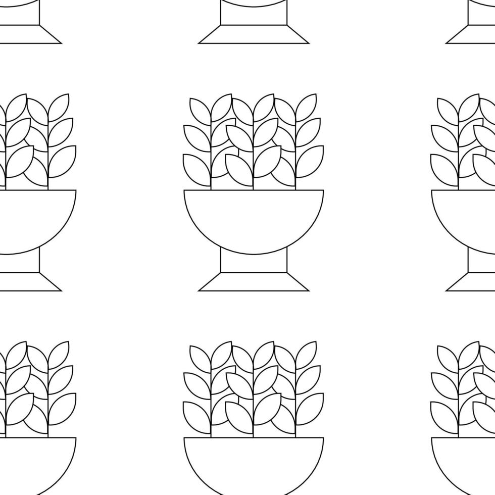 Pattern on the theme of plants. Square pattern with plants in a flowerpot, a flowerbed. Vector linear illustration.