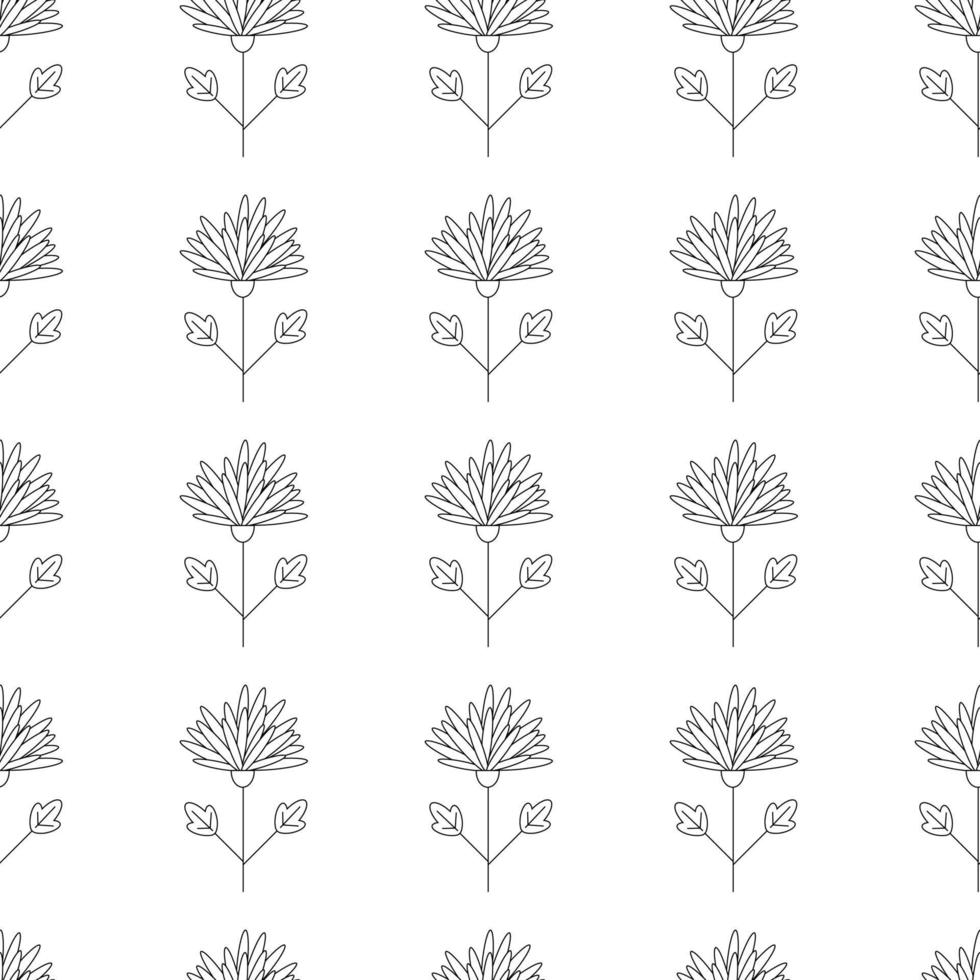 Pattern on the theme of plants. Square pattern with flowers. Vector linear illustration.