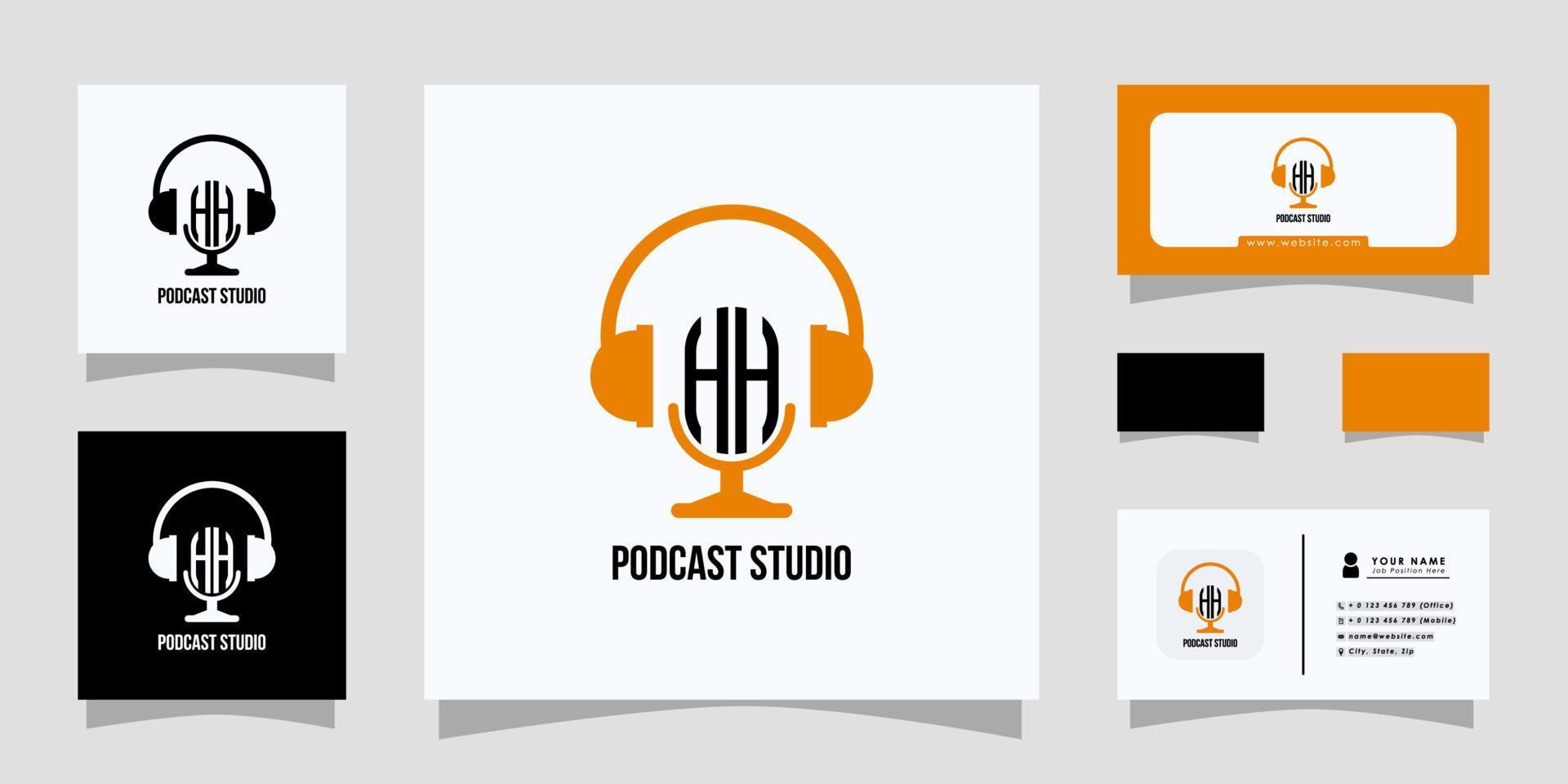 HH monogram logo design with microphone style and business card vector