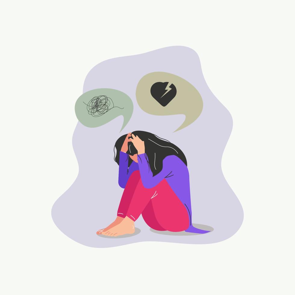 triste niña con roto corazón y Deprimido ilustración vector