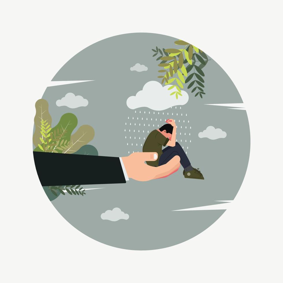 Sad man sitting on a hand palm with rain on it, need help and support, mental illness vector