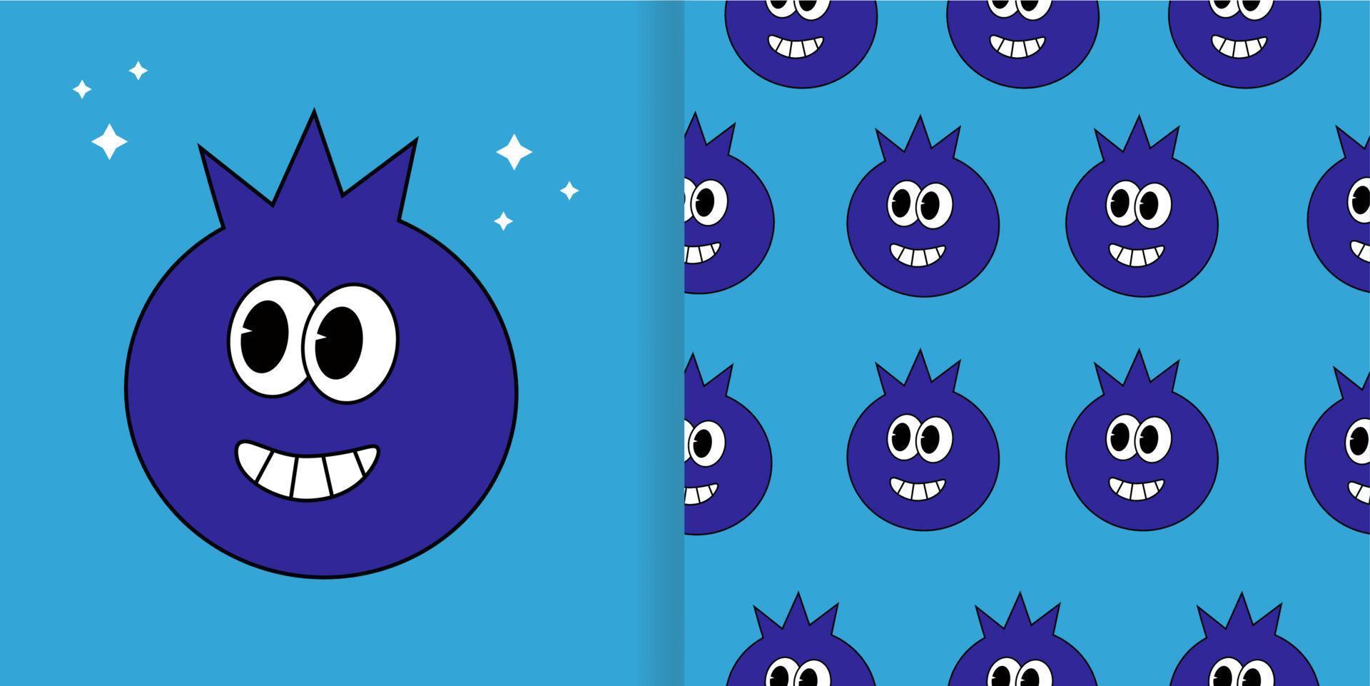 Smiling blueberry. Cartoon comic character with seamless pattern. Doodle retro style vector illustration.