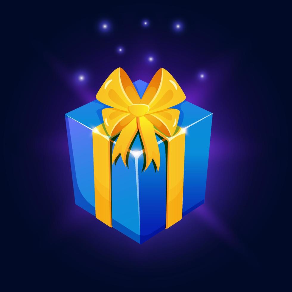 Close color gift box with gold ribbon. Game ui interface icon. Get reward sparkle box. vector