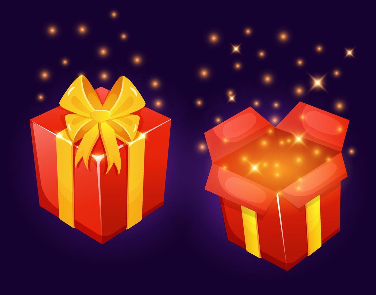 Open and close color gift box with gold ribbon. Game ui interface icon. Get reward sparkle box. vector