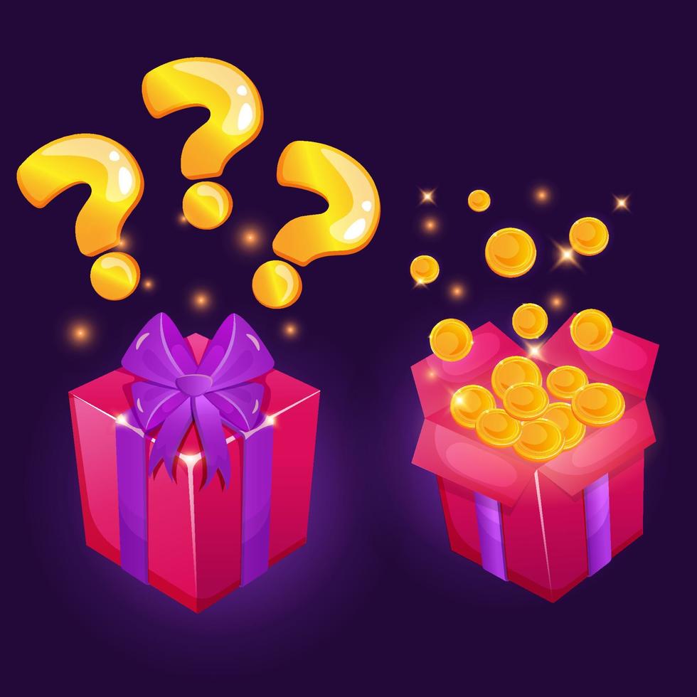 abierto y cerca color regalo caja lleno de oro monedas juego ui interfaz icono. vector