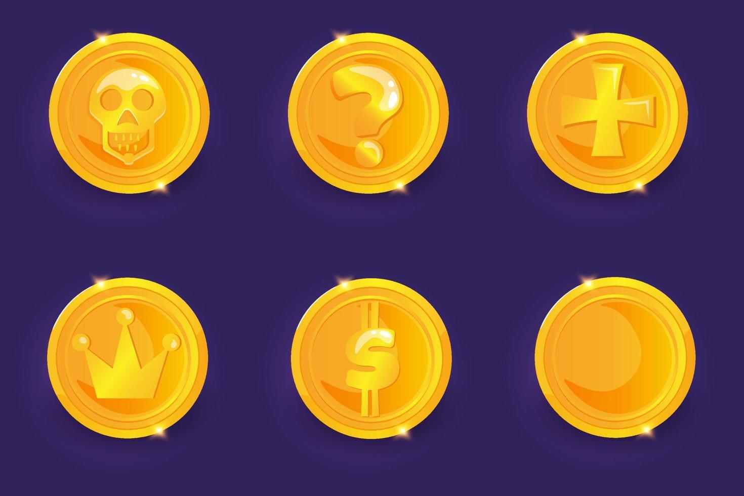 Gold coins set with different drawing. Cartoon style game GUI icon. vector