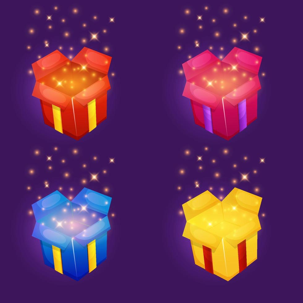 Different color open gift box. Game interface icon set. Get reward boxes. vector