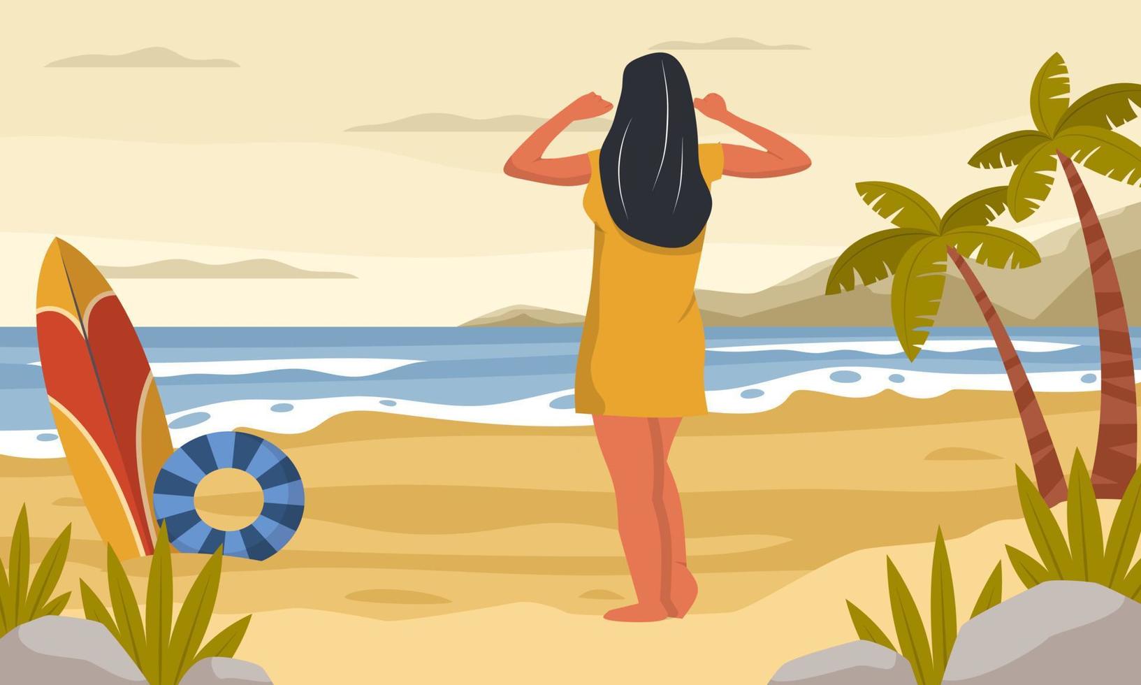 plano ilustración de contento mujer en el playa. eso es adecuado para impresión, bandera, presentación, web fondo, y otro necesidades. vector