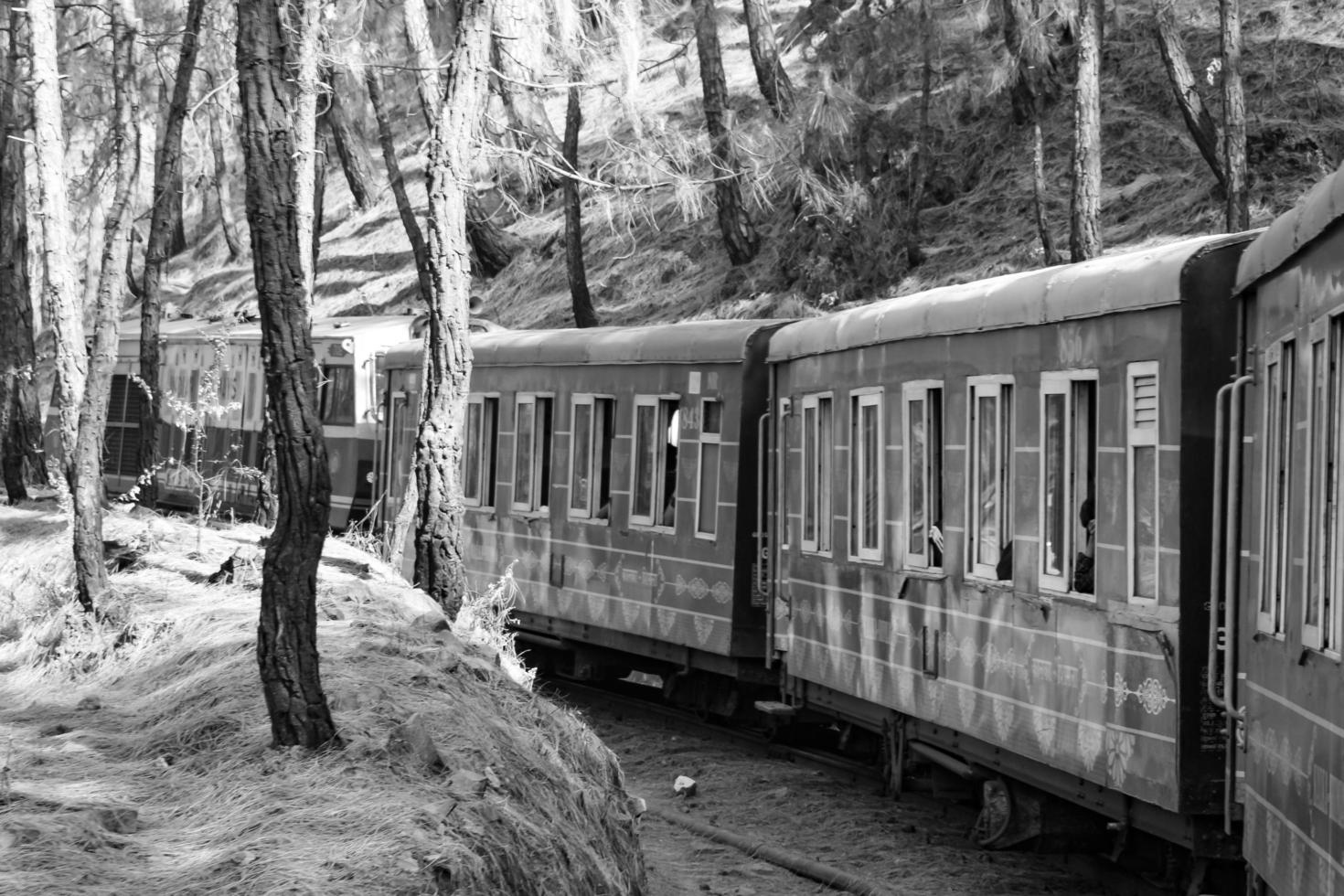 Shimla, Himachal Pradesh, India - May 14, 2022 - Toy train Kalka-Shimla route, moving on railway to the hill, Toy train from Kalka to Shimla in India among green natural forest photo