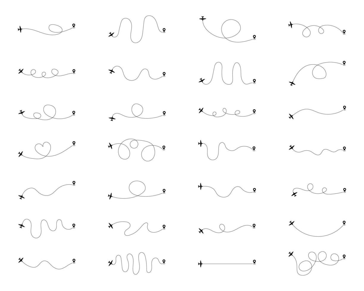 Set of aircraft trajectories. Airplane path with destination. Vector illustration.