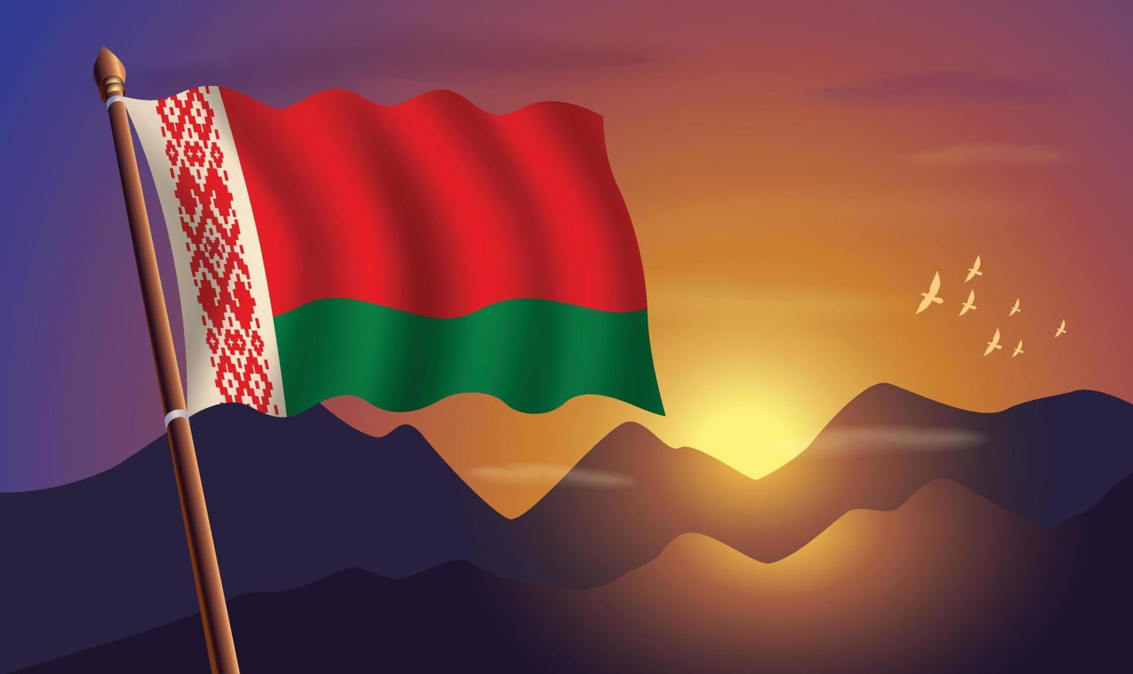 bielorrusia bandera con montañas y puesta de sol en el antecedentes vector