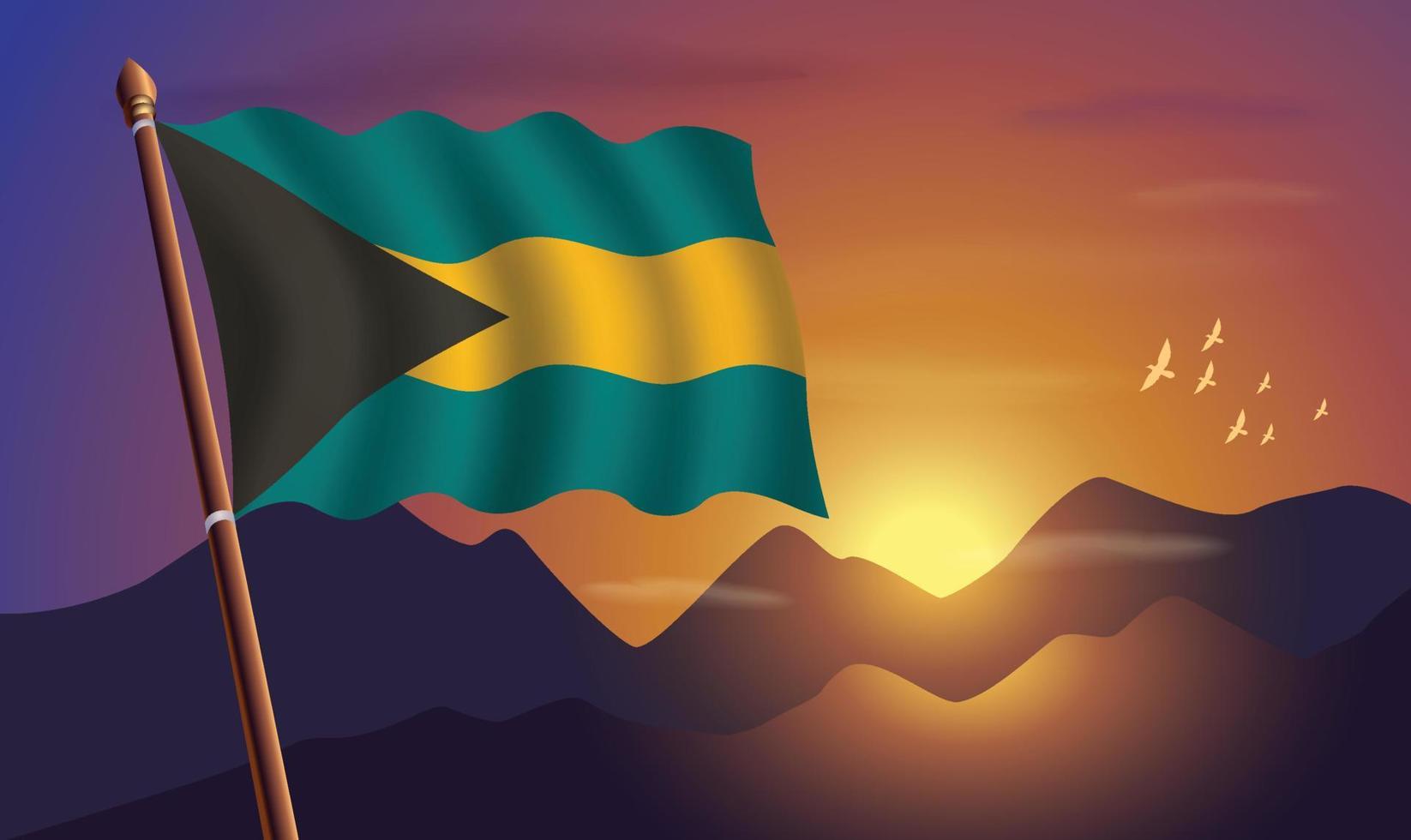 bahamas bandera con montañas y puesta de sol en el antecedentes vector