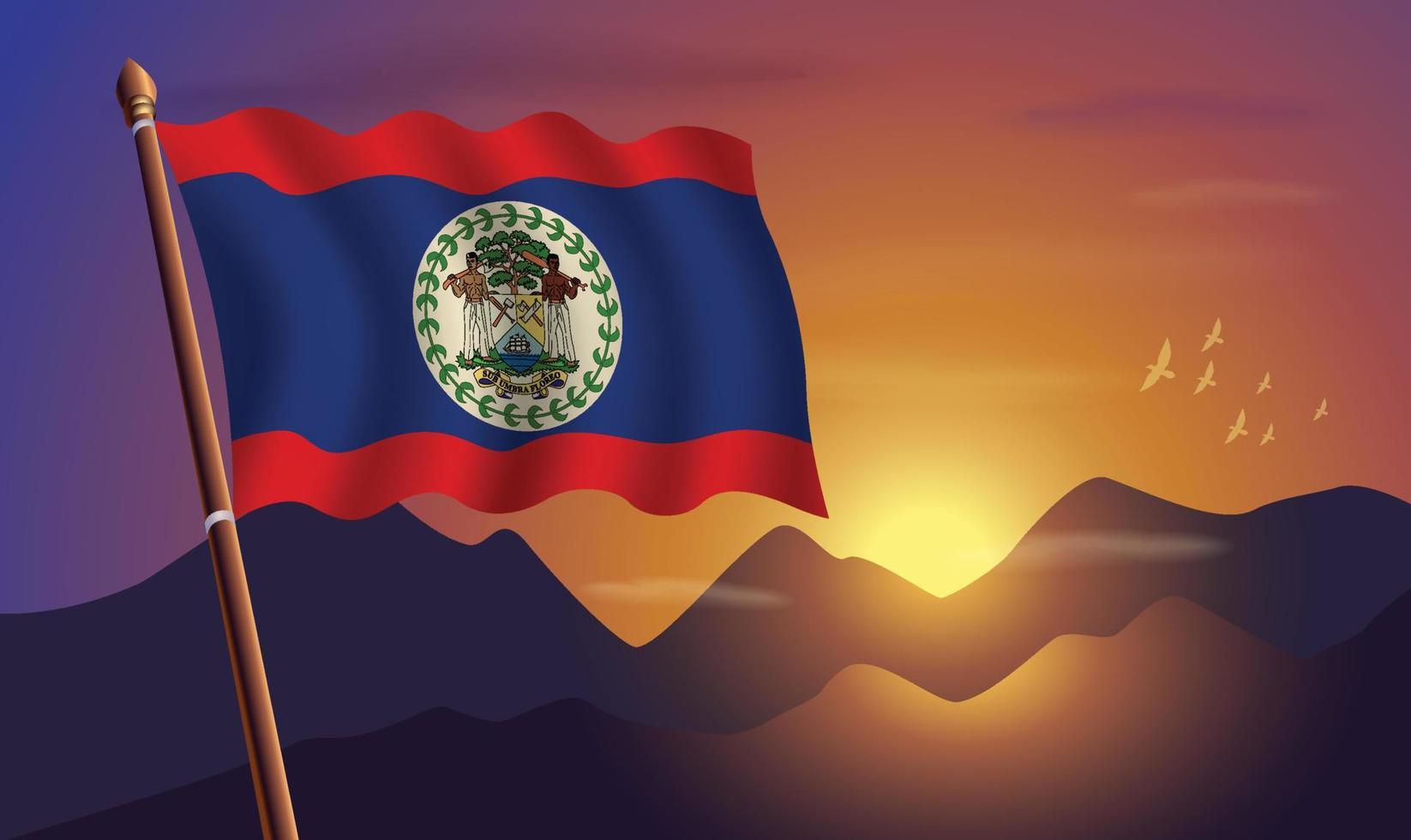 Belize flag with mountains and sunset in the background vector