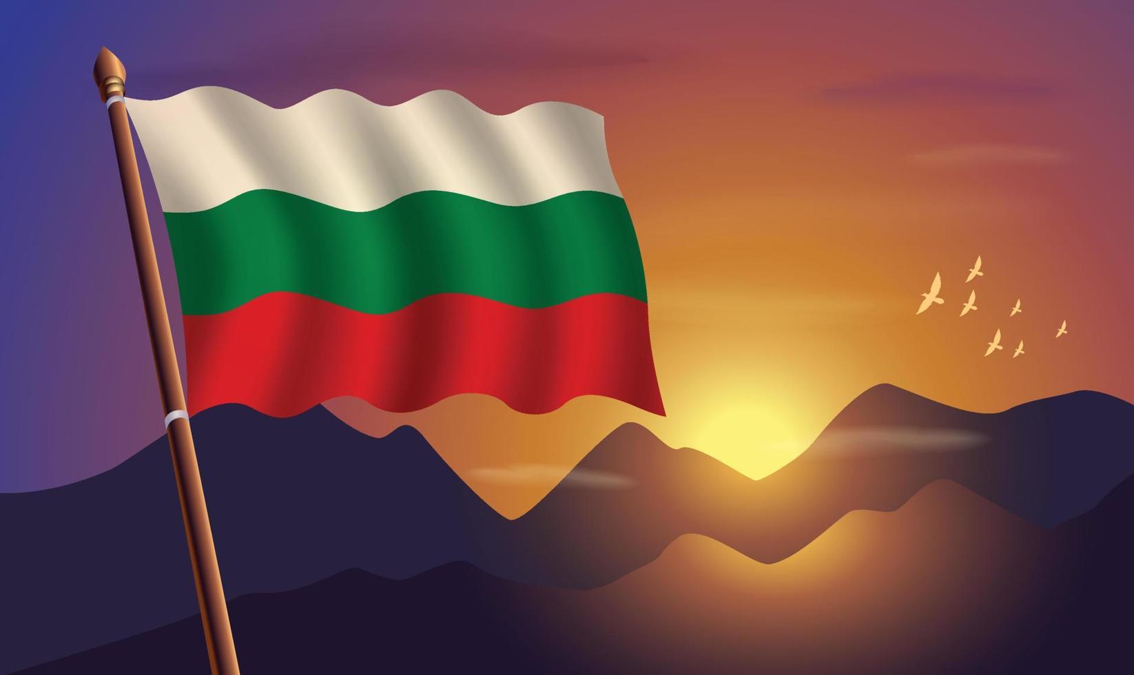 Bulgaria bandera con montañas y puesta de sol en el antecedentes vector