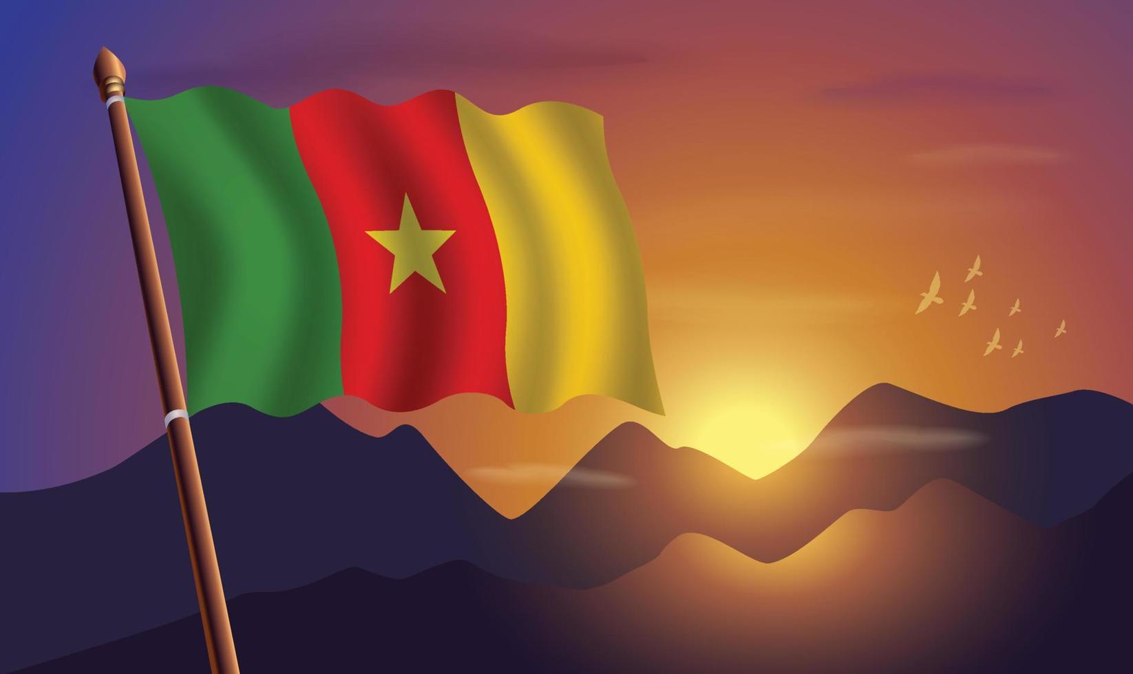 Camerún bandera con montañas y puesta de sol en el antecedentes vector