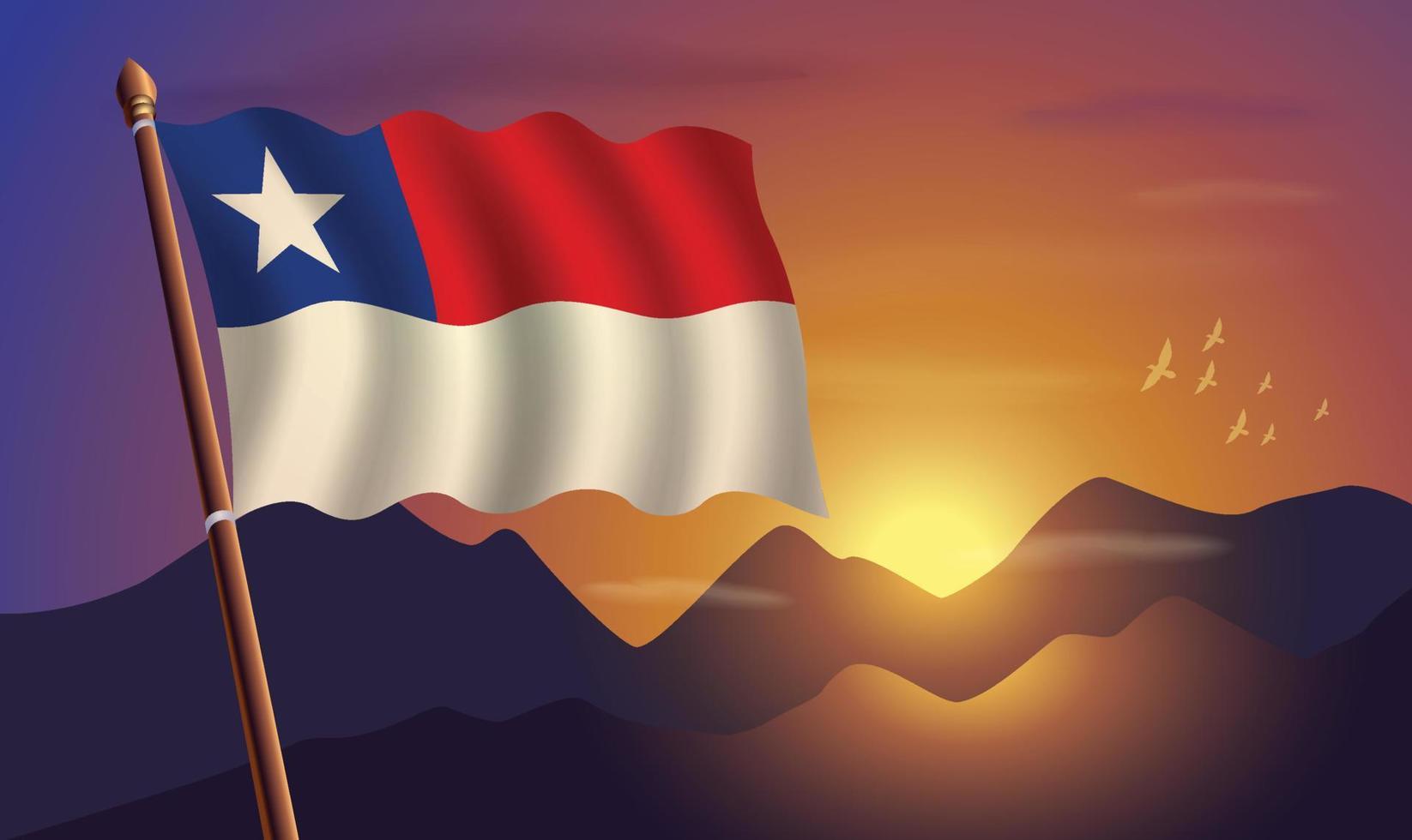 Chile bandera con montañas y puesta de sol en el antecedentes vector