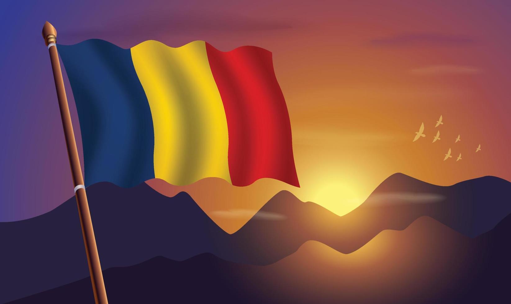 Chad bandera con montañas y puesta de sol en el antecedentes vector