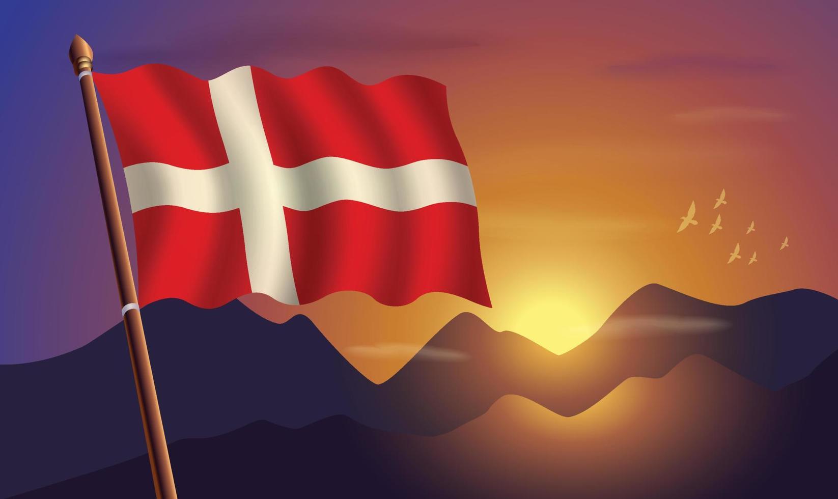 Denmark flag with mountains and sunset in the background vector