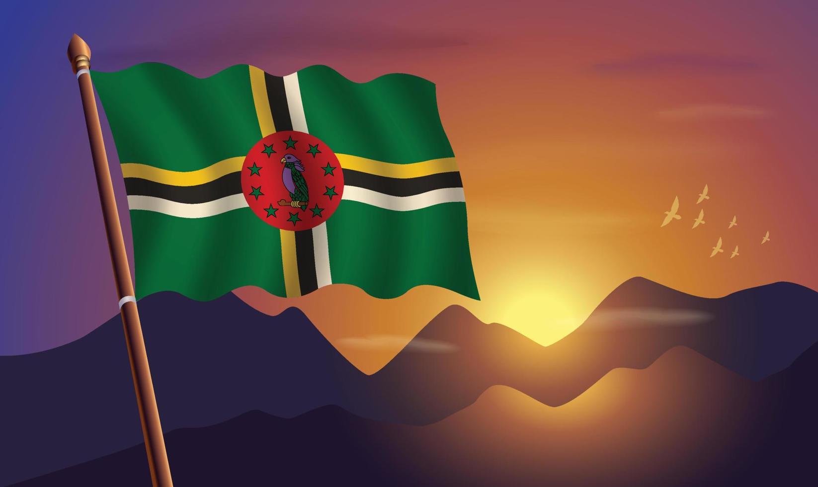 dominica bandera con montañas y puesta de sol en el antecedentes vector