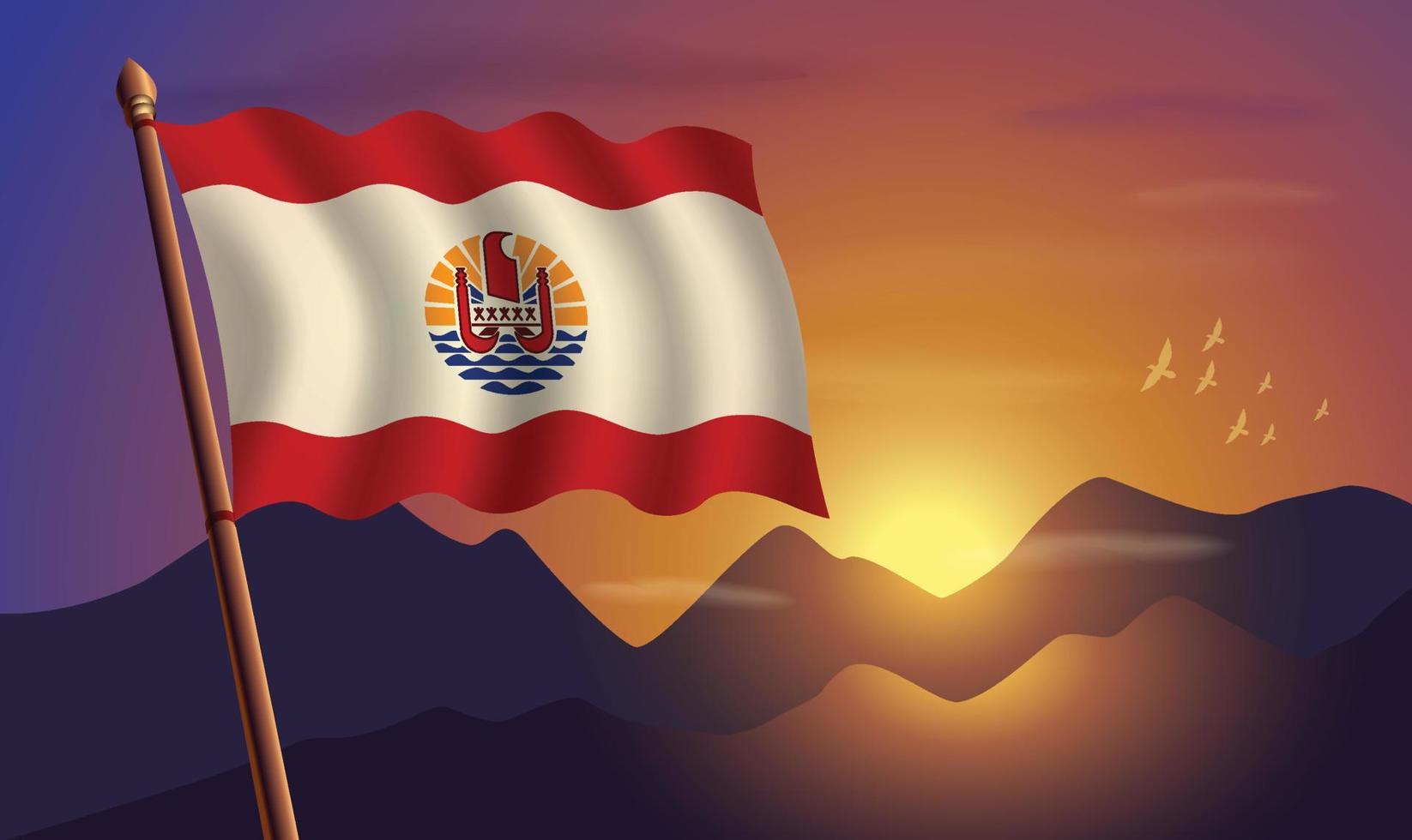 French Polynesia flag with mountains and sunset in the background vector