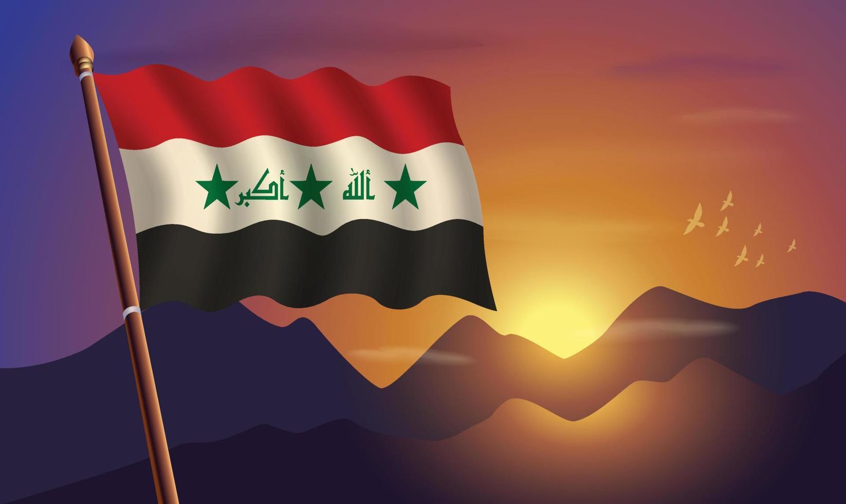 Irak bandera con montañas y puesta de sol en el antecedentes vector